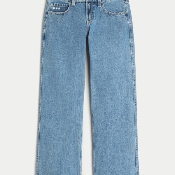 Low-Rise Medium Wash Embroidered Fruit Baggy Jeans - medium