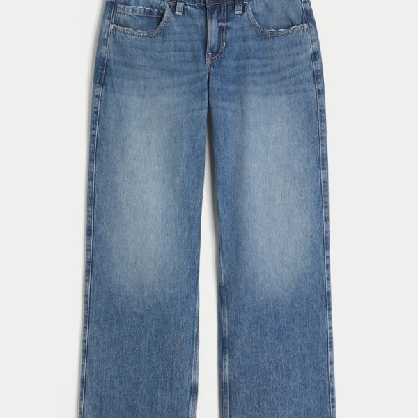 Low-Rise Medium Wash Embroidered Fruit Baggy Jeans - medium