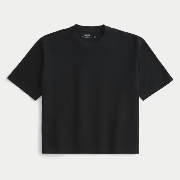 Boxy Heavyweight Crop Washed Crew T-Shirt - black