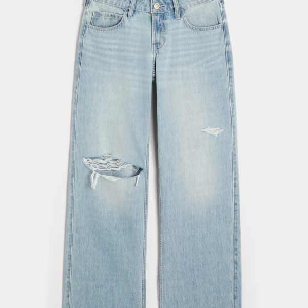 Low-Rise Medium Wash Embroidered Fruit Baggy Jeans - light ripped