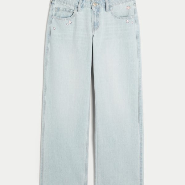Low-Rise Medium Wash Embroidered Fruit Baggy Jeans - light