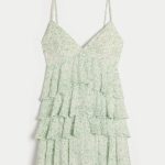 V-Neck Ruffled Tier Babydoll Mini Dress - light green floral