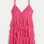V-Neck Ruffled Tier Babydoll Mini Dress - raspberry