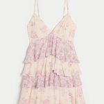 V-Neck Ruffled Tier Babydoll Mini Dress - light pink floral