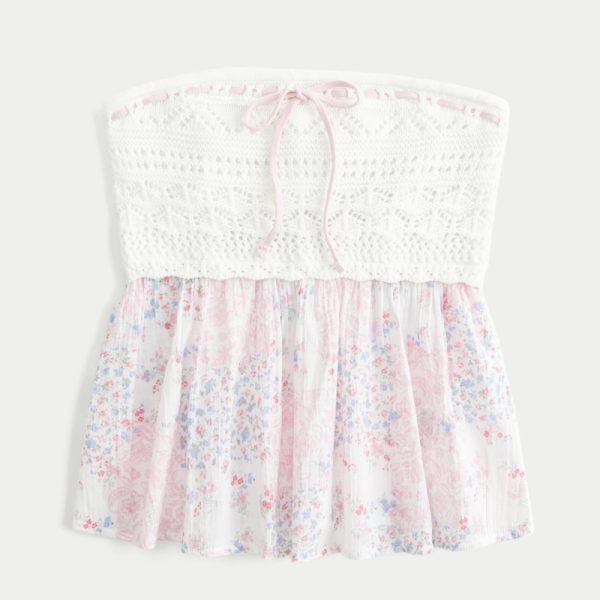 Easy Strapless Crochet Mix Babydoll Top - white floral