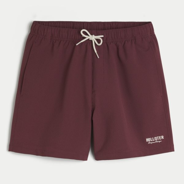 Mid-Thigh Seersucker Volley Swim Trunks - maroon stripe