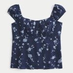Ruched Babydoll Top - navy blue floral