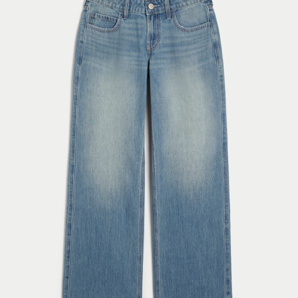 Low-Rise Medium Wash Embroidered Fruit Baggy Jeans - medium