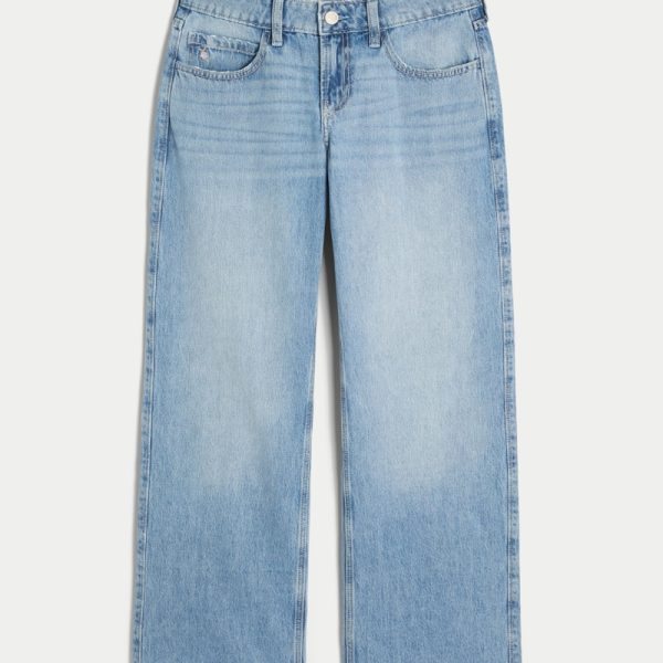 Low-Rise Medium Wash Embroidered Fruit Baggy Jeans - medium