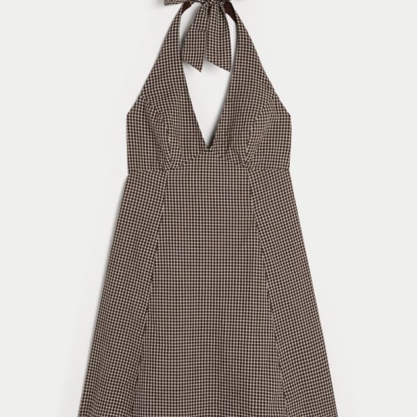 Open Back Halter Mini Dress - espresso check