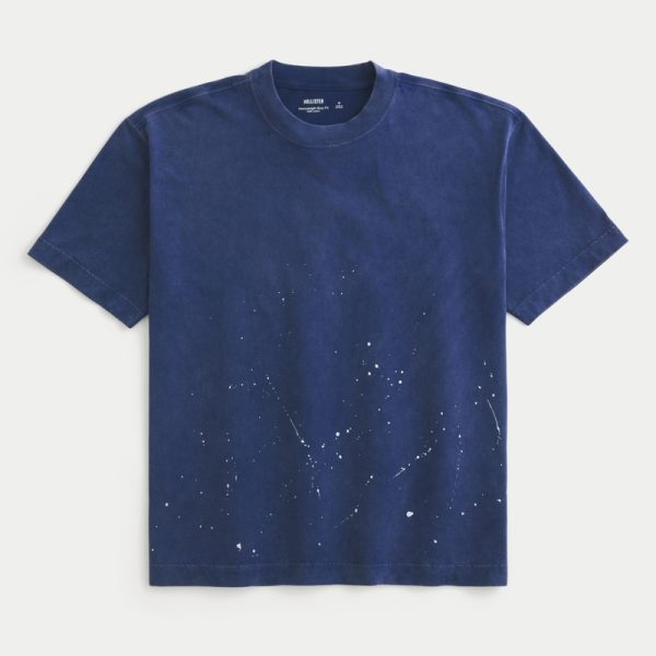 Boxy Heavyweight Washed Cotton Crew T-Shirt - washed navy with splatter