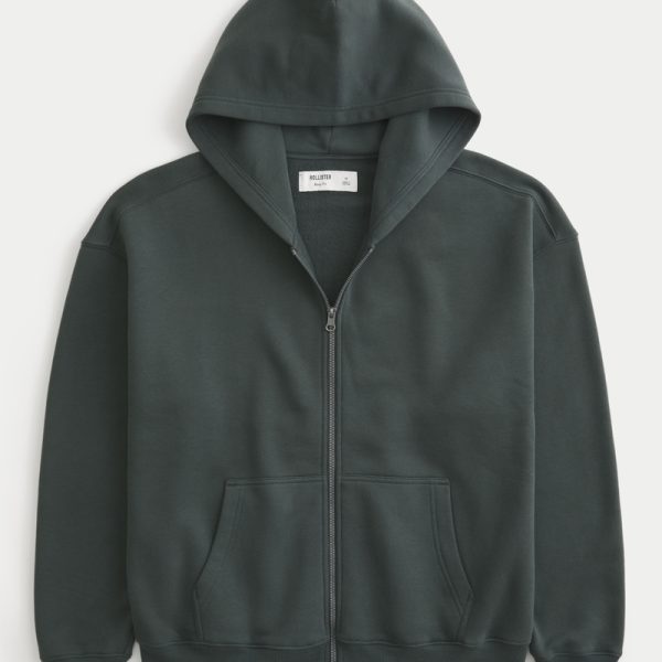 Boxy Zip-Up Hoodie - shadow green